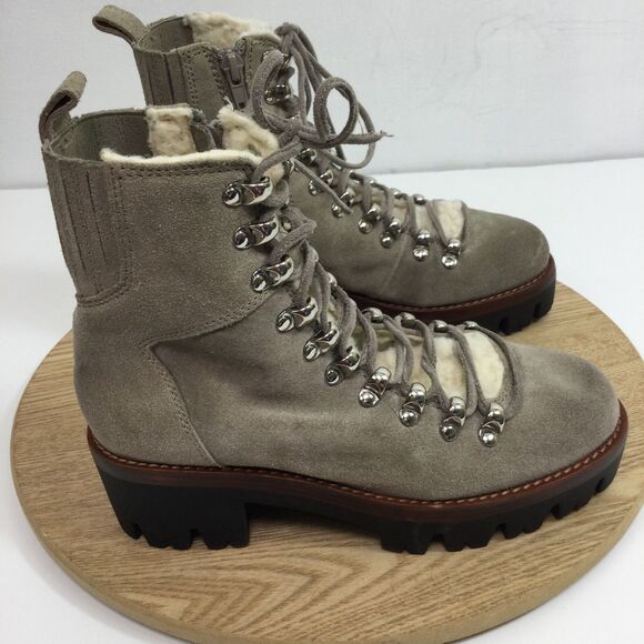 Jeffrey Campbell Stanley Faux Fur Trim Lace Up Hiker Boots Suede Taupe Beige 5.5 - Picture 14 of 14